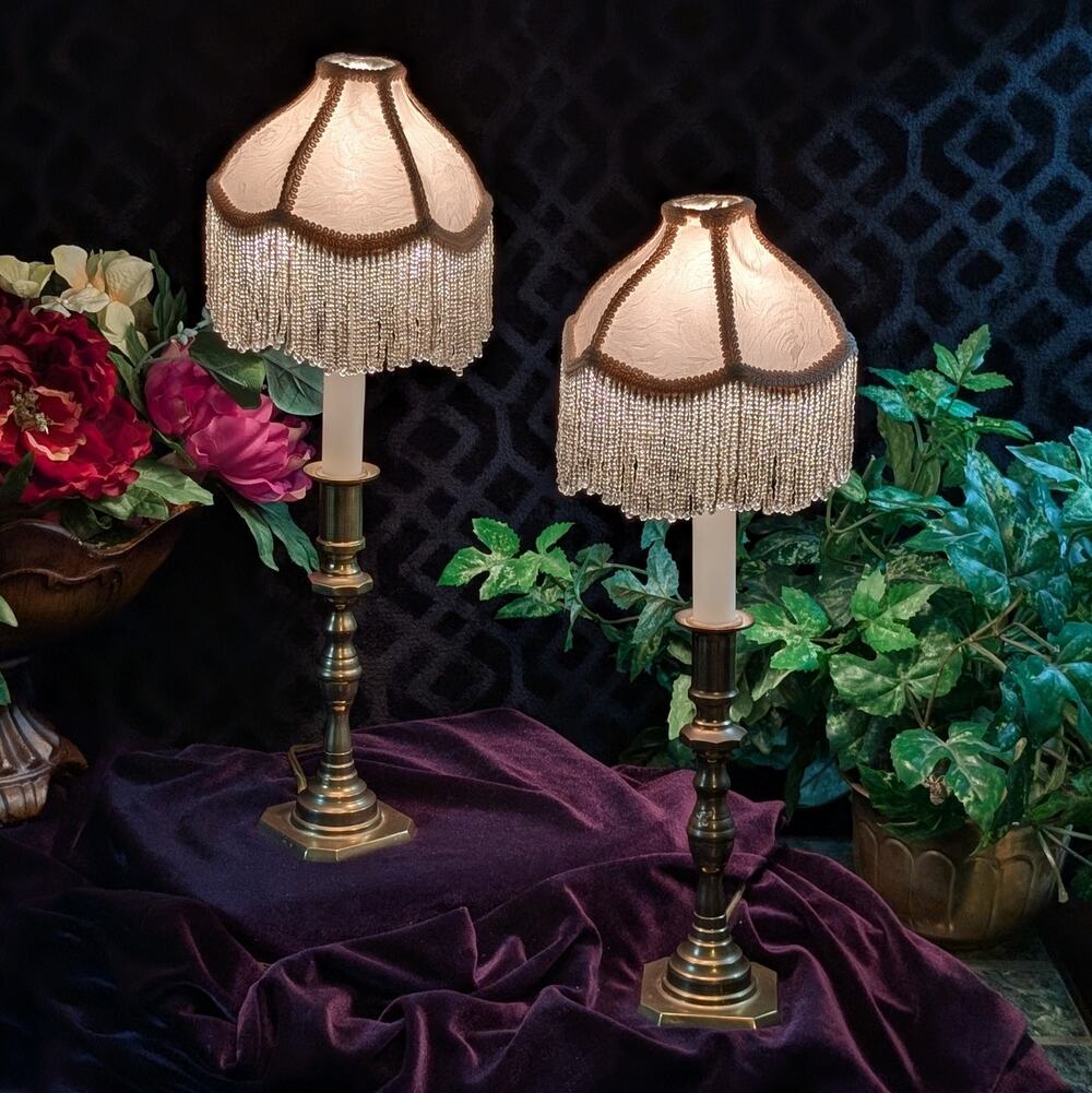 Vintage Boudoir Brass Candlestick Lamp Pair Victorian Style Beaded Fringe Shades